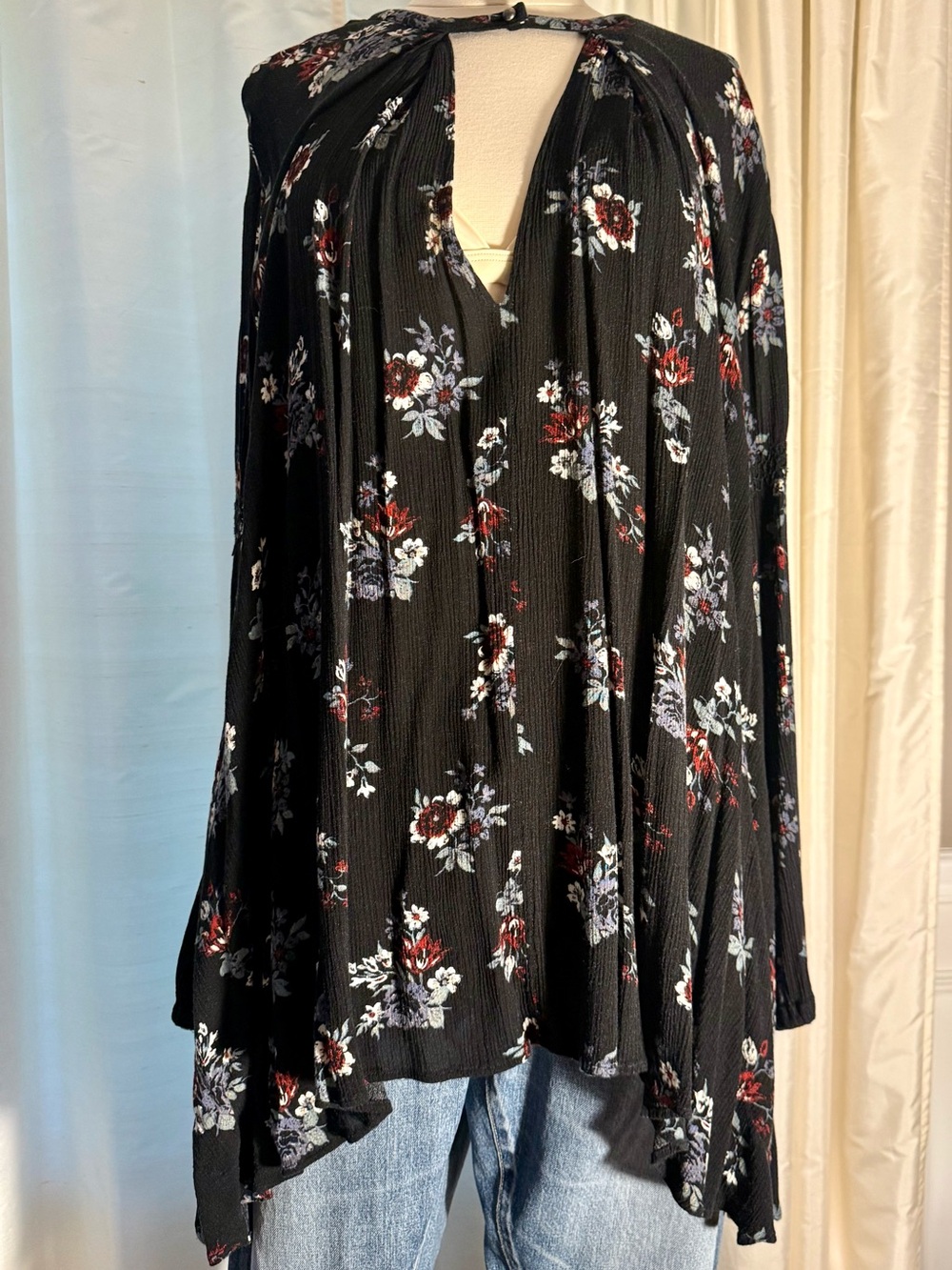 Free People Black Floral V-Neck Top with Red and Cream Blooms